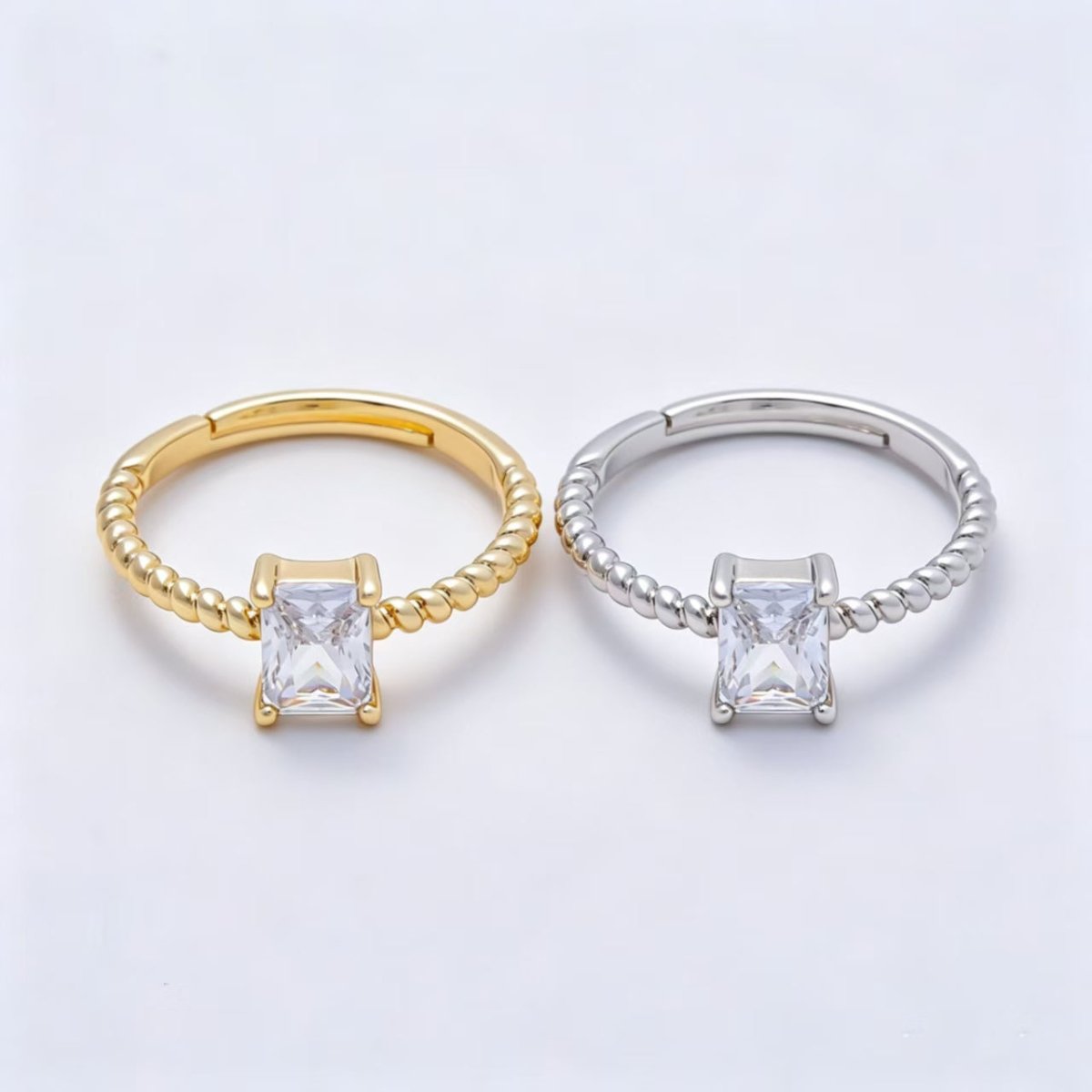 16K Gold Filled Clear Baguette CZ Croissant Adjustable Ring in Gold &amp; Silver | Rings-00143 Rings-00144