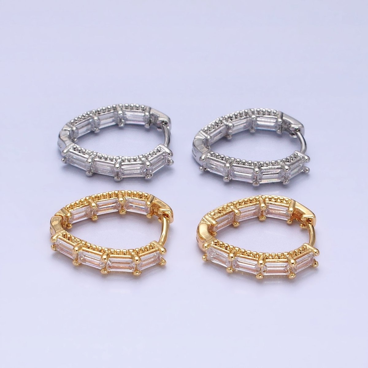 16K Gold Filled Clear Baguette CZ Front-Sided Triangle Hoop Earrings in Gold &amp; Silver | AD909 AD910