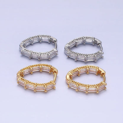 16K Gold Filled Clear Baguette CZ Front-Sided Triangle Hoop Earrings in Gold &amp; Silver | AD909 AD910