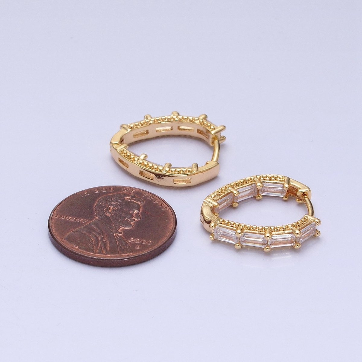 16K Gold Filled Clear Baguette CZ Front-Sided Triangle Hoop Earrings in Gold &amp; Silver | AD909 AD910
