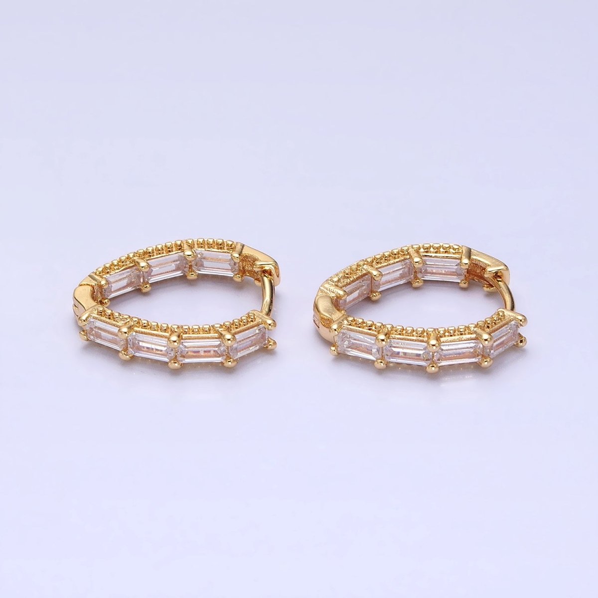 16K Gold Filled Clear Baguette CZ Front-Sided Triangle Hoop Earrings in Gold &amp; Silver | AD909 AD910