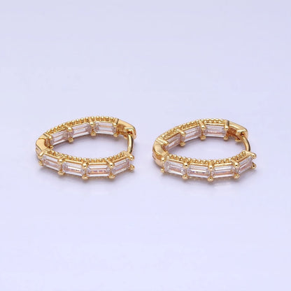 16K Gold Filled Clear Baguette CZ Front-Sided Triangle Hoop Earrings in Gold &amp; Silver | AD909 AD910