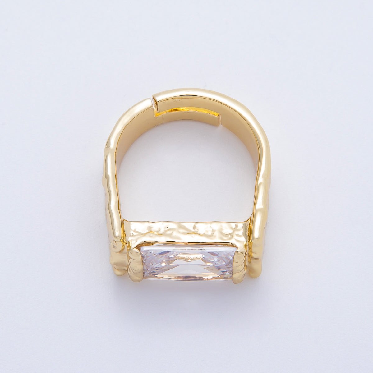 16K Gold Filled Clear Baguette CZ Molten Solitaire Adjustable Ring | Rings-00087