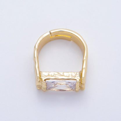 16K Gold Filled Clear Baguette CZ Molten Solitaire Adjustable Ring | Rings-00087