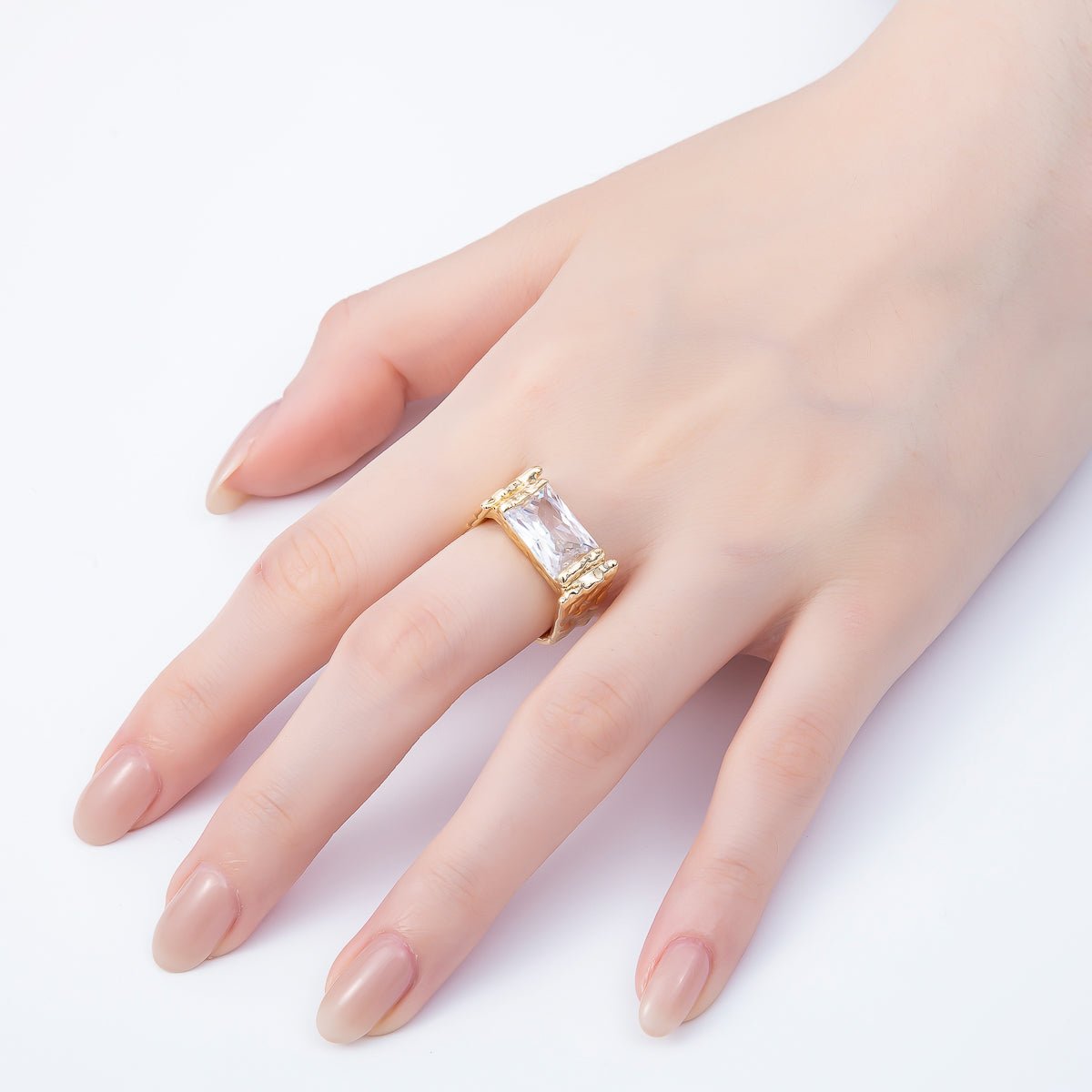 16K Gold Filled Clear Baguette CZ Molten Solitaire Adjustable Ring | Rings-00087