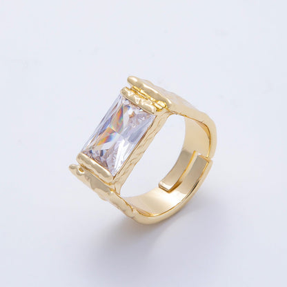 16K Gold Filled Clear Baguette CZ Molten Solitaire Adjustable Ring | Rings-00087