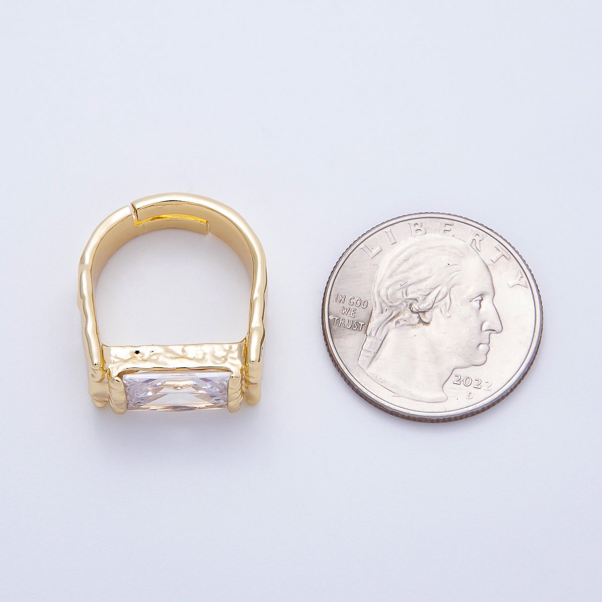 16K Gold Filled Clear Baguette CZ Molten Solitaire Adjustable Ring | Rings-00087