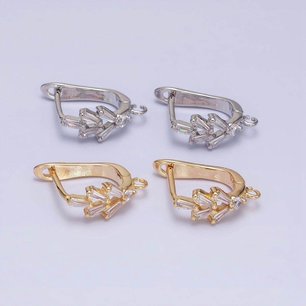 16K Gold Filled Clear Baguette CZ Open Loop English Lock Earrings in Gold &amp; Silver | Z-237 Z-238