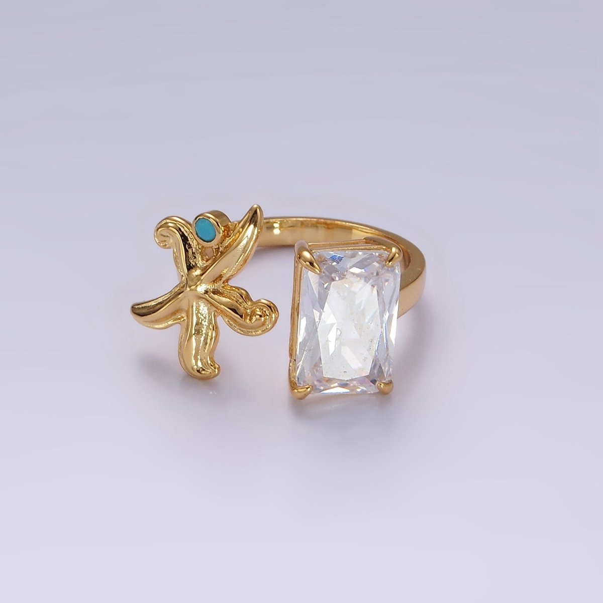 16K Gold Filled Clear Baguette CZ Turquoise Starfish Open Claw Ring | O1058
