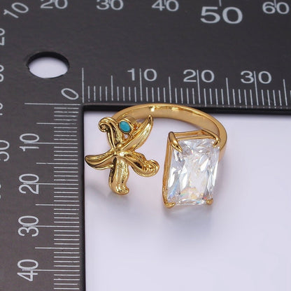 16K Gold Filled Clear Baguette CZ Turquoise Starfish Open Claw Ring | O1058