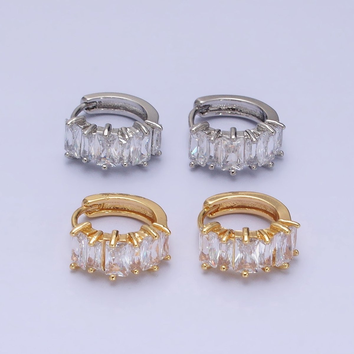 16K Gold Filled Clear Baguette Lined 13mm Huggie Earrings in Gold &amp; Silver | AD845 AD846