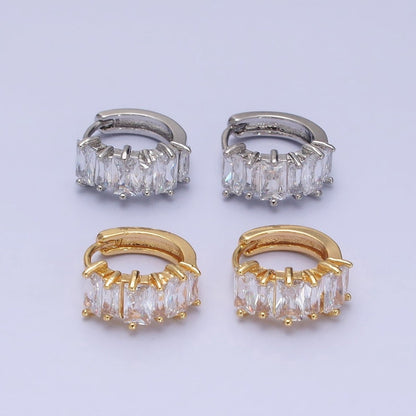 16K Gold Filled Clear Baguette Lined 13mm Huggie Earrings in Gold &amp; Silver | AD845 AD846