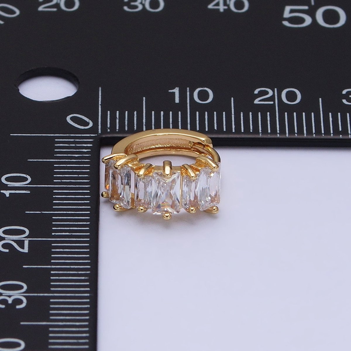 16K Gold Filled Clear Baguette Lined 13mm Huggie Earrings in Gold &amp; Silver | AD845 AD846