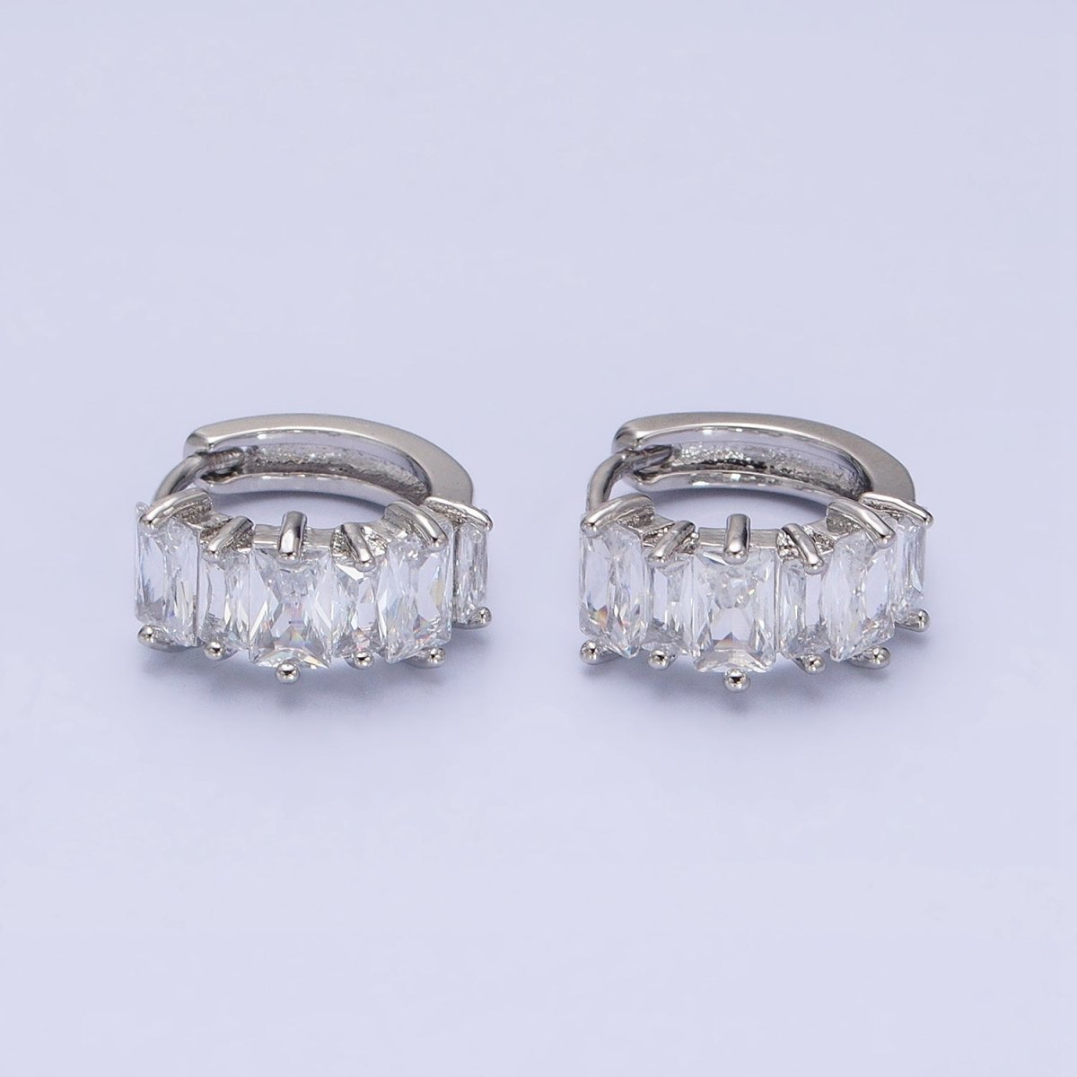 16K Gold Filled Clear Baguette Lined 13mm Huggie Earrings in Gold &amp; Silver | AD845 AD846