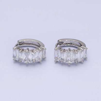 16K Gold Filled Clear Baguette Lined 13mm Huggie Earrings in Gold &amp; Silver | AD845 AD846