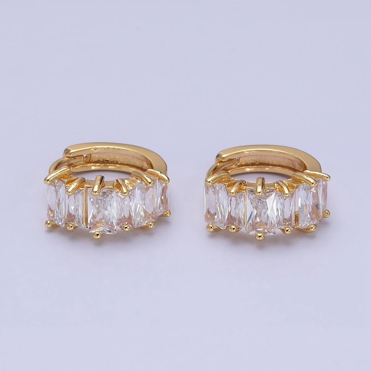 16K Gold Filled Clear Baguette Lined 13mm Huggie Earrings in Gold &amp; Silver | AD845 AD846