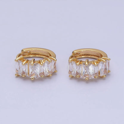 16K Gold Filled Clear Baguette Lined 13mm Huggie Earrings in Gold &amp; Silver | AD845 AD846