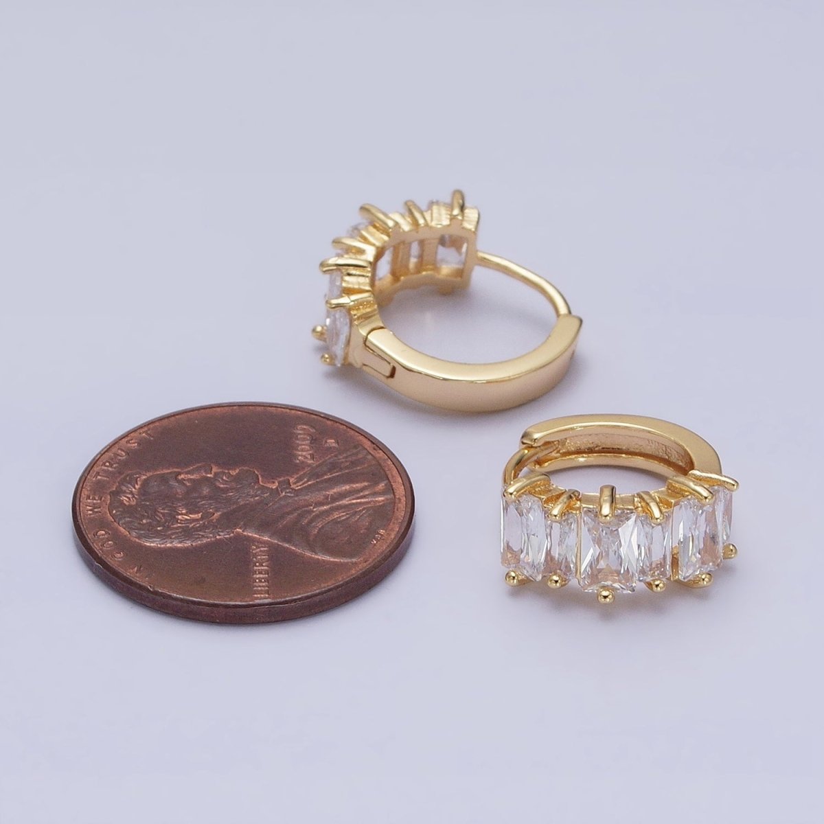 16K Gold Filled Clear Baguette Lined 13mm Huggie Earrings in Gold &amp; Silver | AD845 AD846