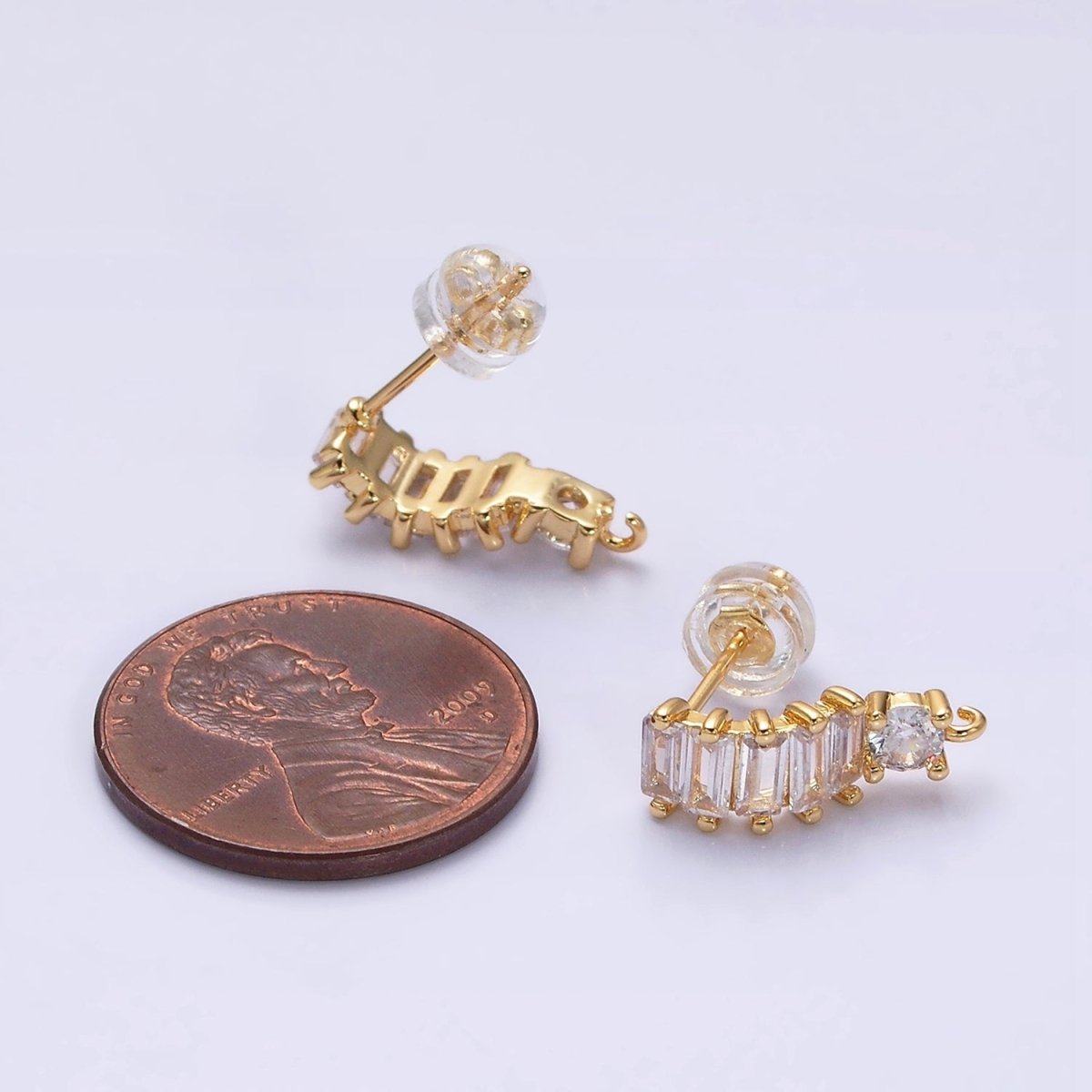 16K Gold Filled Clear Baguette Lined Curved C-Shaped with Open Link Earrings Supply in Gold &amp; Silver | Z-411 Z-412