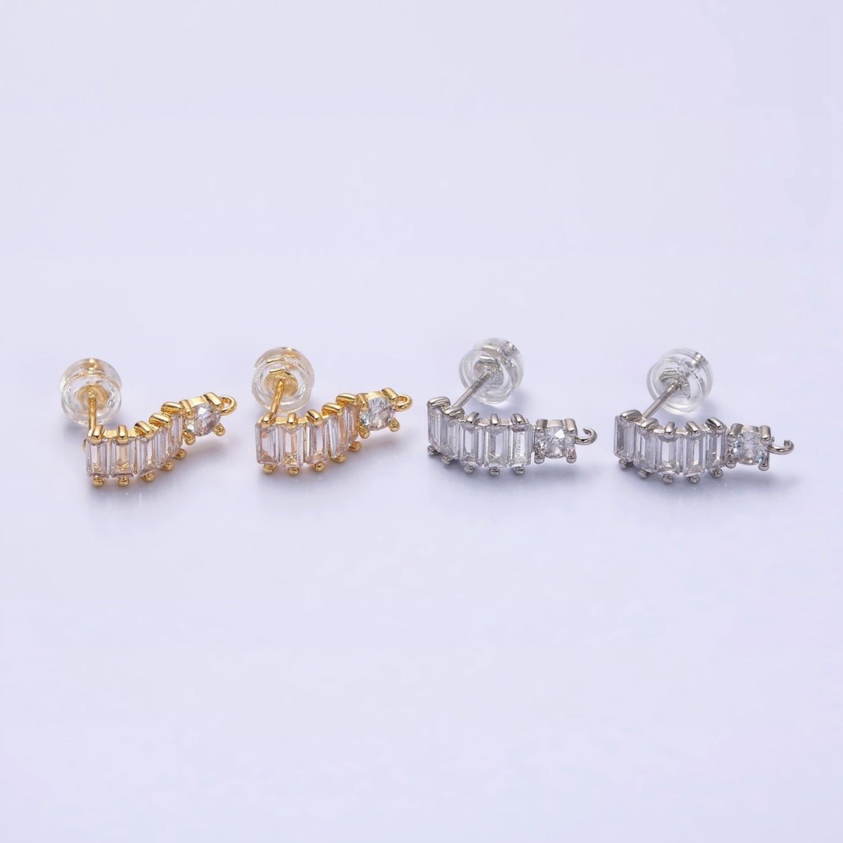 16K Gold Filled Clear Baguette Lined Curved C-Shaped with Open Link Earrings Supply in Gold &amp; Silver | Z-411 Z-412