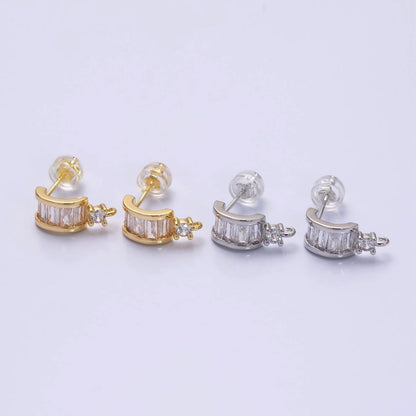 16K Gold Filled Clear Baguette Lined CZ Drop Open Loop C-Shaped Hoop Earrings in Gold &amp; Silver | Z-409 Z-410
