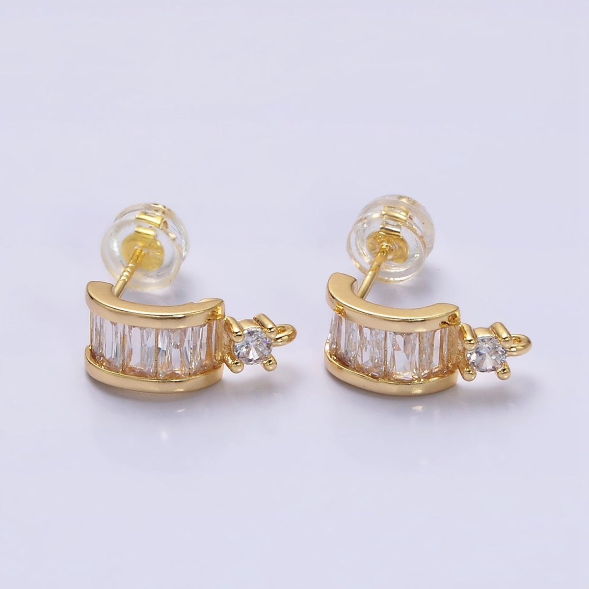 16K Gold Filled Clear Baguette Lined CZ Drop Open Loop C-Shaped Hoop Earrings in Gold &amp; Silver | Z-409 Z-410