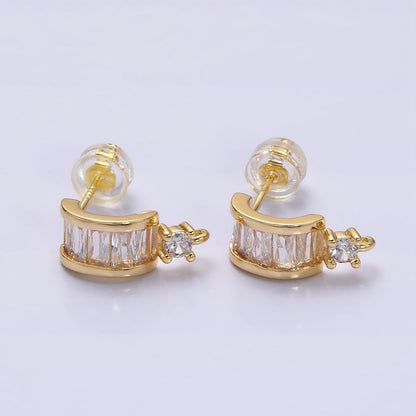 16K Gold Filled Clear Baguette Lined CZ Drop Open Loop C-Shaped Hoop Earrings in Gold &amp; Silver | Z-409 Z-410