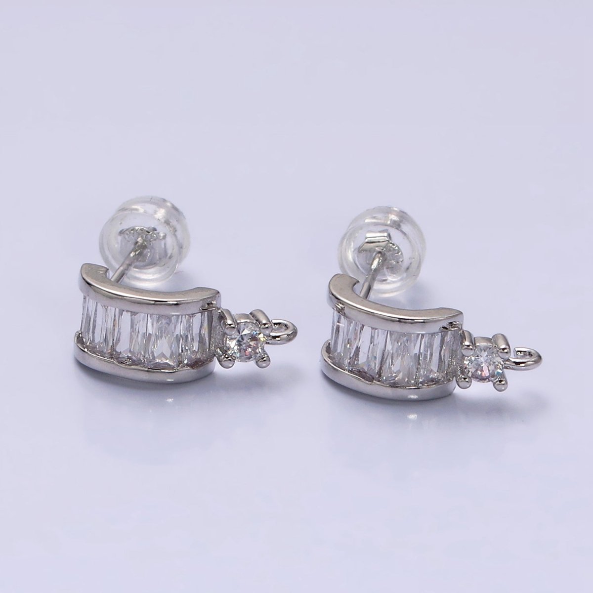 16K Gold Filled Clear Baguette Lined CZ Drop Open Loop C-Shaped Hoop Earrings in Gold &amp; Silver | Z-409 Z-410