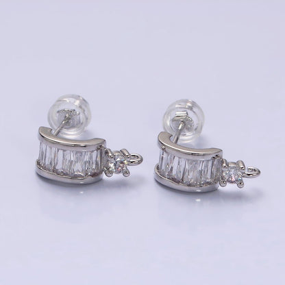 16K Gold Filled Clear Baguette Lined CZ Drop Open Loop C-Shaped Hoop Earrings in Gold &amp; Silver | Z-409 Z-410