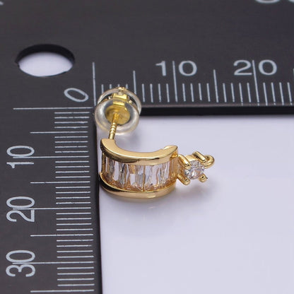 16K Gold Filled Clear Baguette Lined CZ Drop Open Loop C-Shaped Hoop Earrings in Gold &amp; Silver | Z-409 Z-410