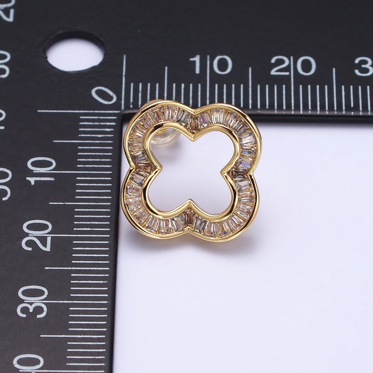 16K Gold Filled Clear Baguette Open Quatrefoil Clover Stud Earrings in Gold &amp; Silver | AB358 AB359