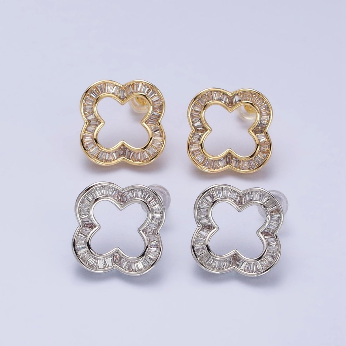 16K Gold Filled Clear Baguette Open Quatrefoil Clover Stud Earrings in Gold &amp; Silver | AB358 AB359