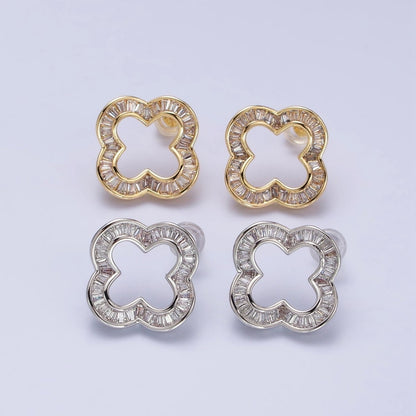 16K Gold Filled Clear Baguette Open Quatrefoil Clover Stud Earrings in Gold &amp; Silver | AB358 AB359