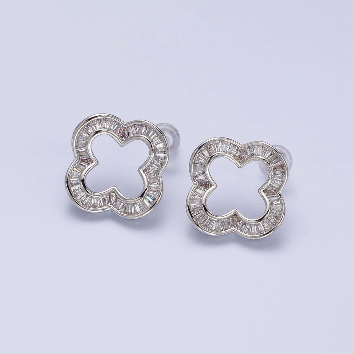 16K Gold Filled Clear Baguette Open Quatrefoil Clover Stud Earrings in Gold &amp; Silver | AB358 AB359