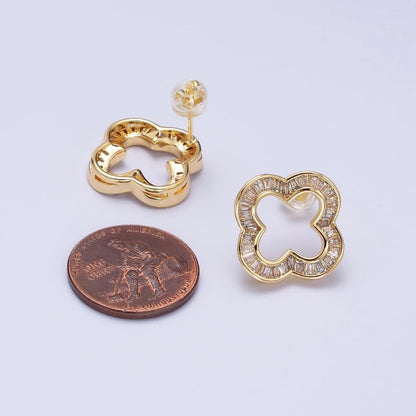 16K Gold Filled Clear Baguette Open Quatrefoil Clover Stud Earrings in Gold &amp; Silver | AB358 AB359