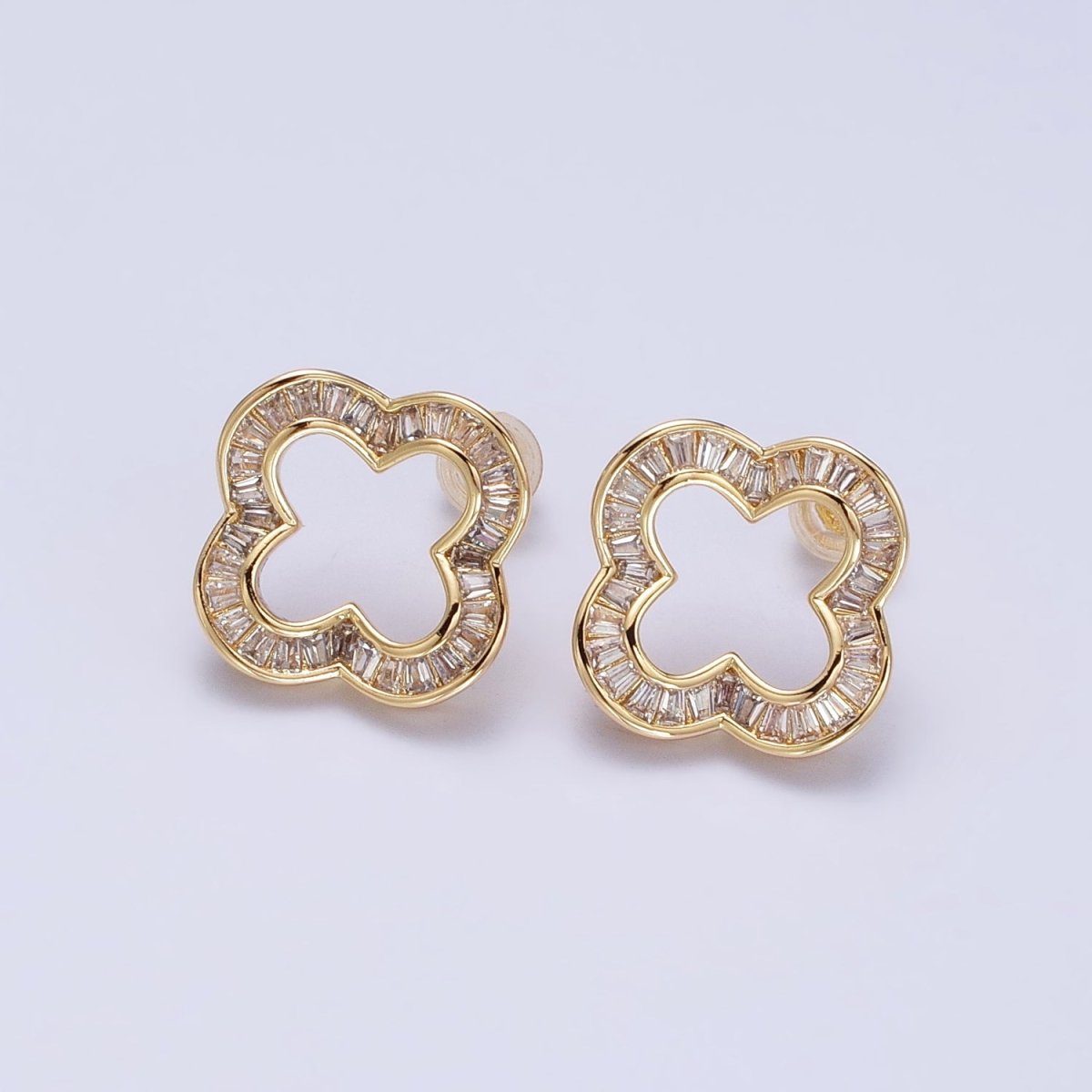 16K Gold Filled Clear Baguette Open Quatrefoil Clover Stud Earrings in Gold &amp; Silver | AB358 AB359