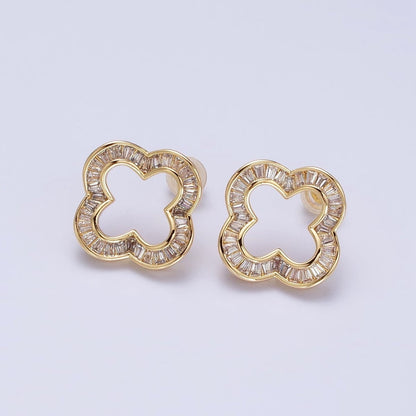 16K Gold Filled Clear Baguette Open Quatrefoil Clover Stud Earrings in Gold &amp; Silver | AB358 AB359