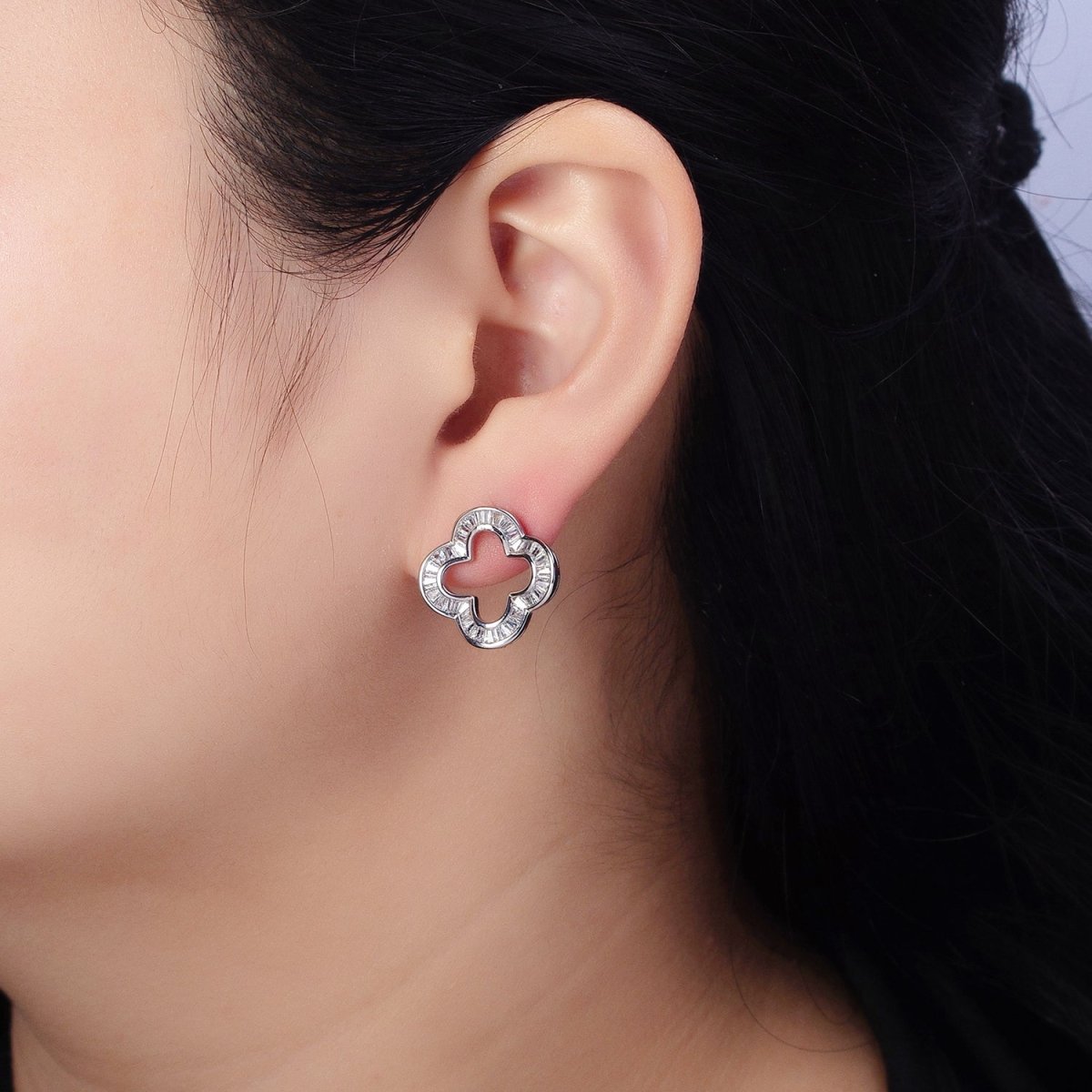 16K Gold Filled Clear Baguette Open Quatrefoil Clover Stud Earrings in Gold &amp; Silver | AB358 AB359