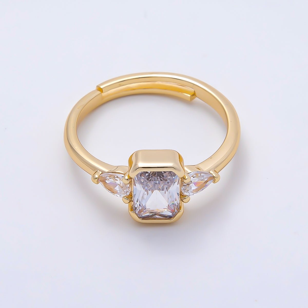 16K Gold Filled Clear Baguette Teardrop CZ Solitaire Adjustable Ring in Gold &amp; Silver | Rings-00155 Rings-00156