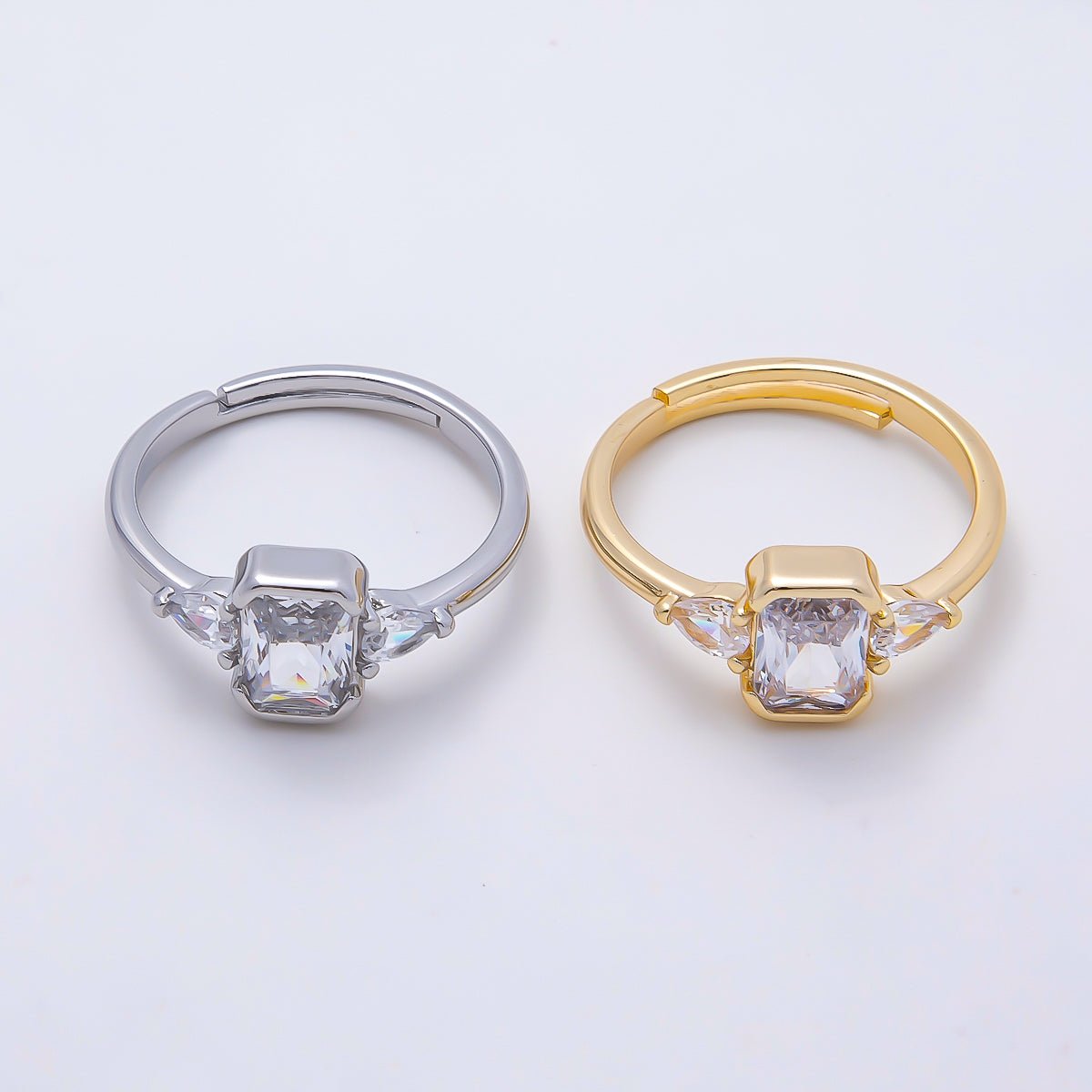 16K Gold Filled Clear Baguette Teardrop CZ Solitaire Adjustable Ring in Gold &amp; Silver | Rings-00155 Rings-00156