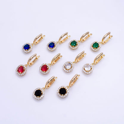 16K Gold Filled Clear, Black, Red, Blue, Green CZ Micro Paved Square Drop English Lock Earrings | AB1156 - AB1158 (MAKE)