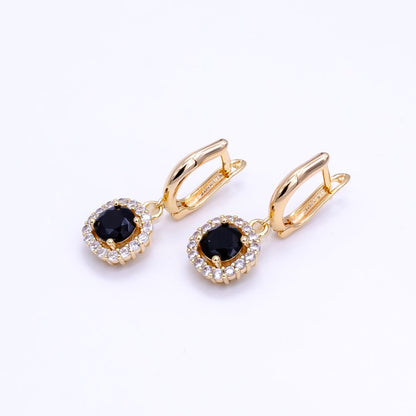 16K Gold Filled Clear, Black, Red, Blue, Green CZ Micro Paved Square Drop English Lock Earrings | AB1156 - AB1158 (MAKE)