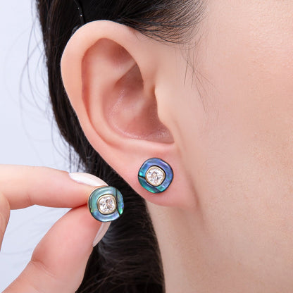 16K Gold Filled Clear CZ Abalone Pearl Double Round Stud Earrings | Earrings-00303