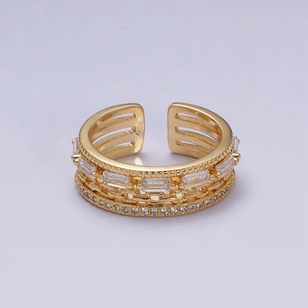 16K Gold Filled Clear CZ Baguette Cable Link Micro Paved Multiple Band Ring in Gold &amp; Silver | O-1595 O-1596