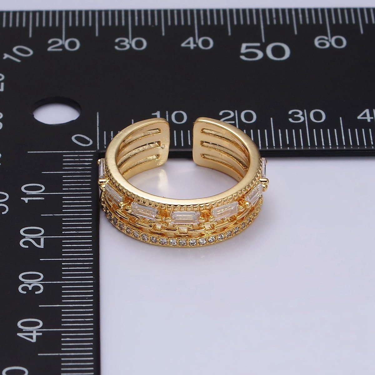 16K Gold Filled Clear CZ Baguette Cable Link Micro Paved Multiple Band Ring in Gold &amp; Silver | O-1595 O-1596