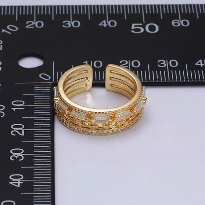 16K Gold Filled Clear CZ Baguette Cable Link Micro Paved Multiple Band Ring in Gold &amp; Silver | O-1595 O-1596