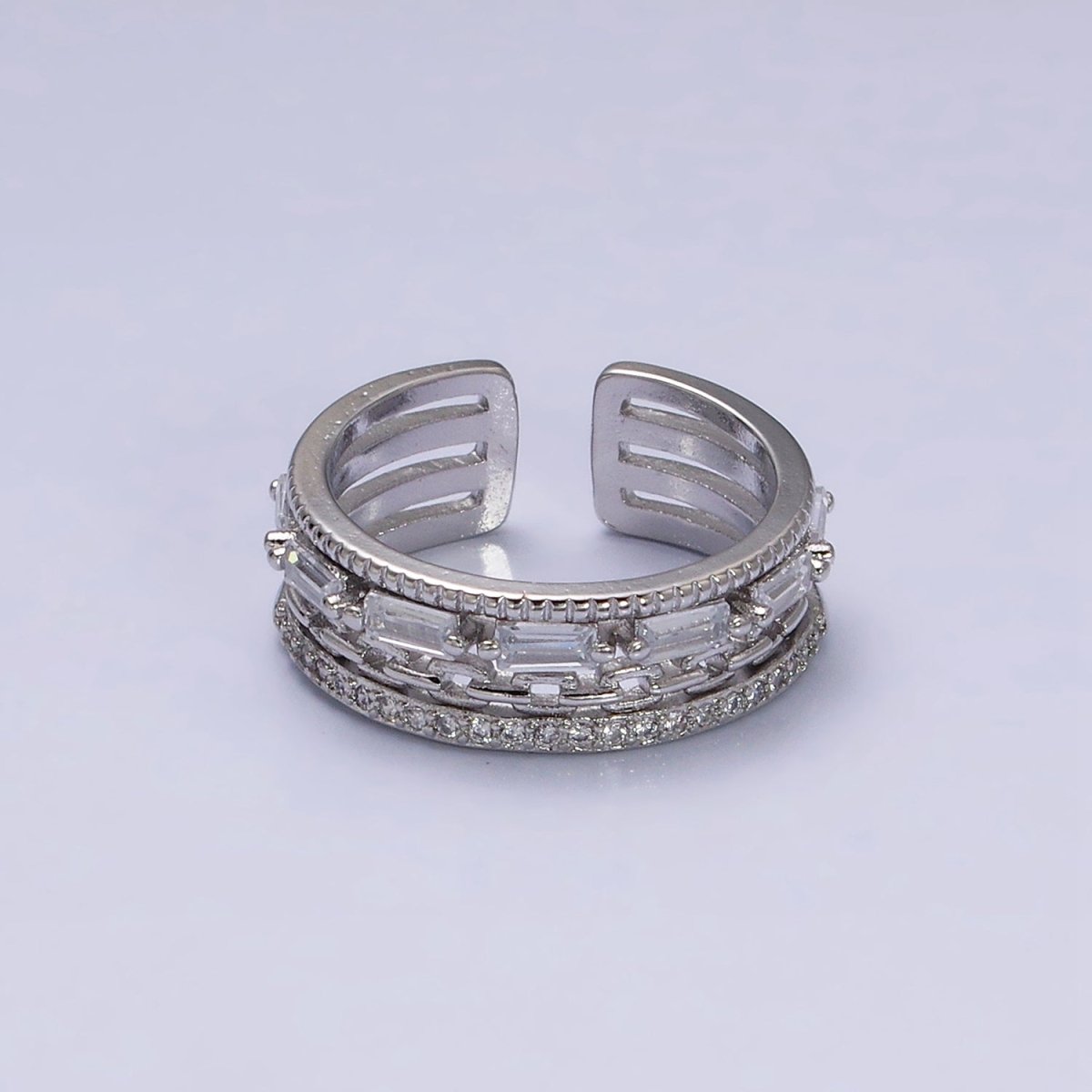 16K Gold Filled Clear CZ Baguette Cable Link Micro Paved Multiple Band Ring in Gold &amp; Silver | O-1595 O-1596