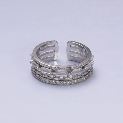 16K Gold Filled Clear CZ Baguette Cable Link Micro Paved Multiple Band Ring in Gold &amp; Silver | O-1595 O-1596