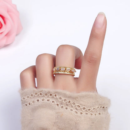 16K Gold Filled Clear CZ Baguette Cable Link Micro Paved Multiple Band Ring in Gold &amp; Silver | O-1595 O-1596