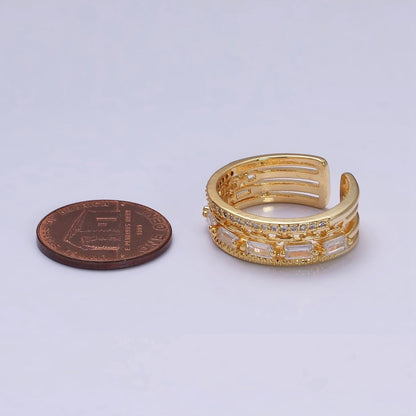16K Gold Filled Clear CZ Baguette Cable Link Micro Paved Multiple Band Ring in Gold &amp; Silver | O-1595 O-1596